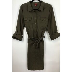Merona Olive Green Utility Shirt Dress Tie Belt Roll Tab Sleeves 100% Cotton XXL